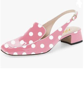 YDN Pink Polka Dots Square Toe Block Low Heels Slingback Formal Loafer Pump